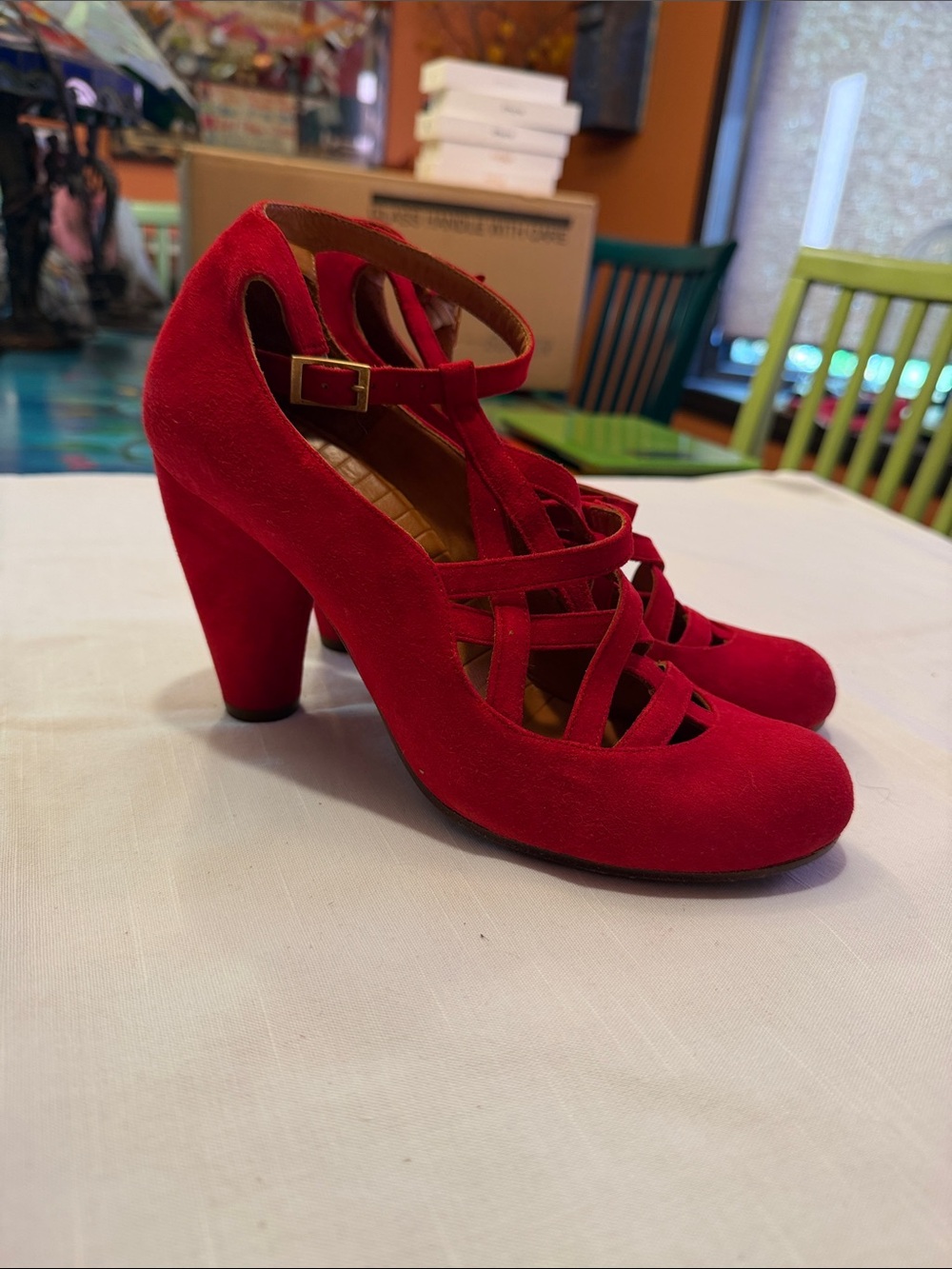 Chie Mihara Red Suede Strappy Round-Toe Heels Snap is the name of the shoe